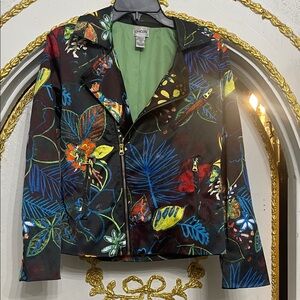 Chico’s Whimsical Night Greta Moto Jacket Tropical Floral Satin Size S